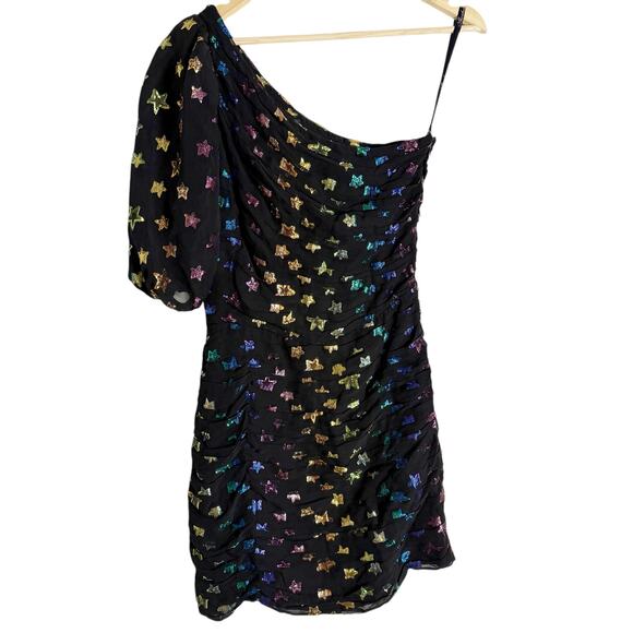 Shoshanna Ronnie Starry Night Black Rainbow Metallic Star One Shoulder Dress 6 - Picture 4 of 16